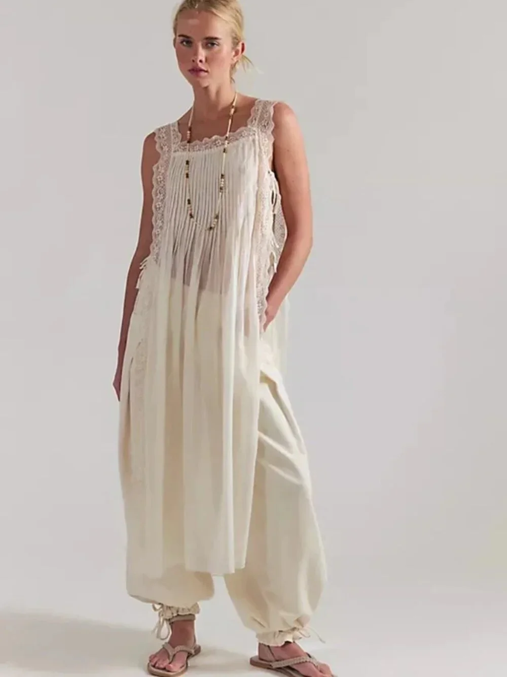 Free People Loren Apron Maxi Top Clean Ivory Side Ties Lace Sheer XS